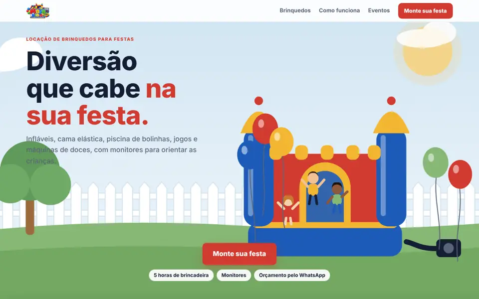 Página inicial do site da Maja Kids, com um castelo inflável e o botão Monte sua festa