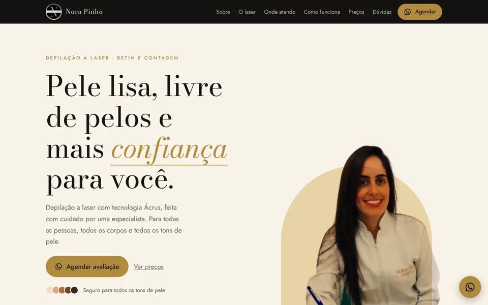 Página inicial do site da Nora Pinho Estética, com a frase Pele lisa, livre de pelos e mais confiança para você